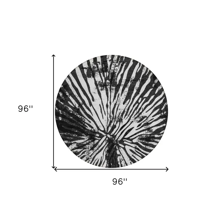 8' Black Charcoal And Ivory Round Abstract Washable Indoor Outdoor Area Rug