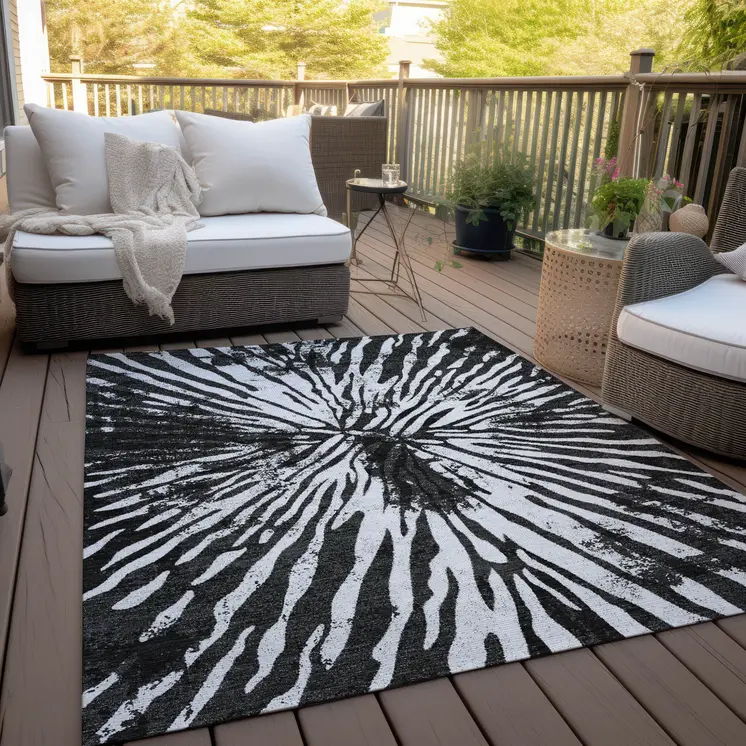 9' X 12' Black Charcoal And Ivory Abstract Washable Indoor Outdoor Area Rug