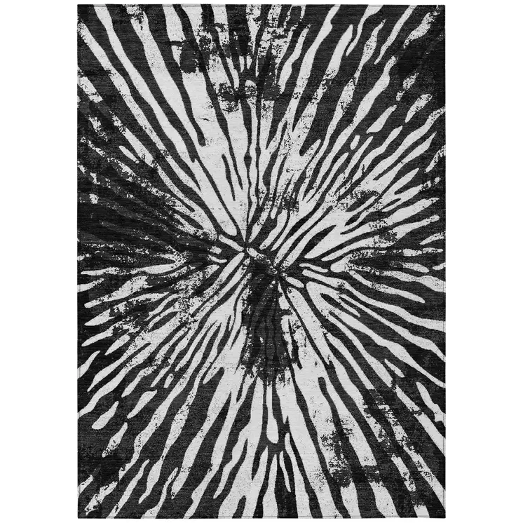 9' X 12' Black Charcoal And Ivory Abstract Washable Indoor Outdoor Area Rug