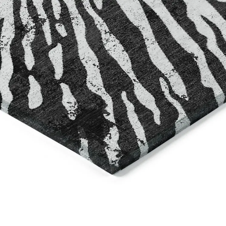 9' X 12' Black Charcoal And Ivory Abstract Washable Indoor Outdoor Area Rug
