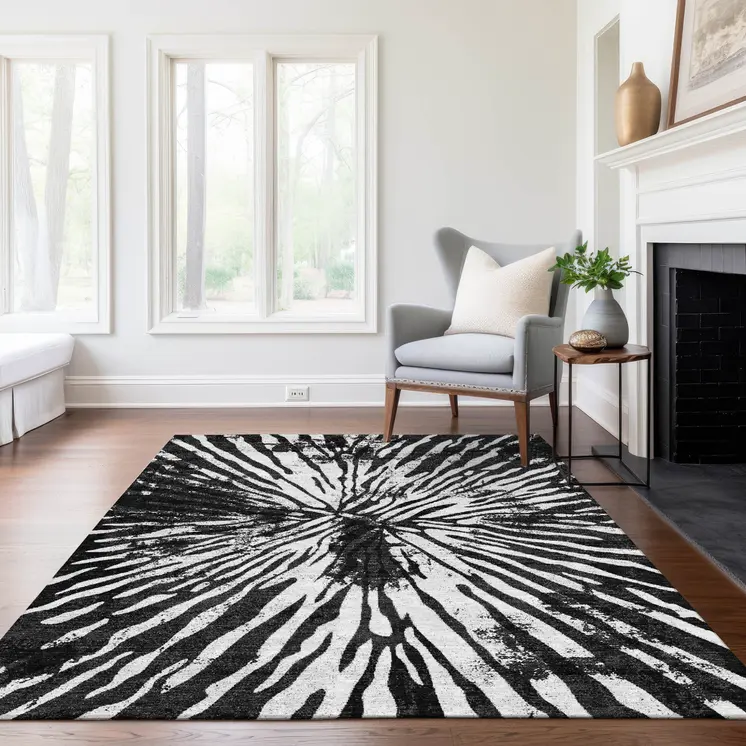 9' X 12' Black Charcoal And Ivory Abstract Washable Indoor Outdoor Area Rug