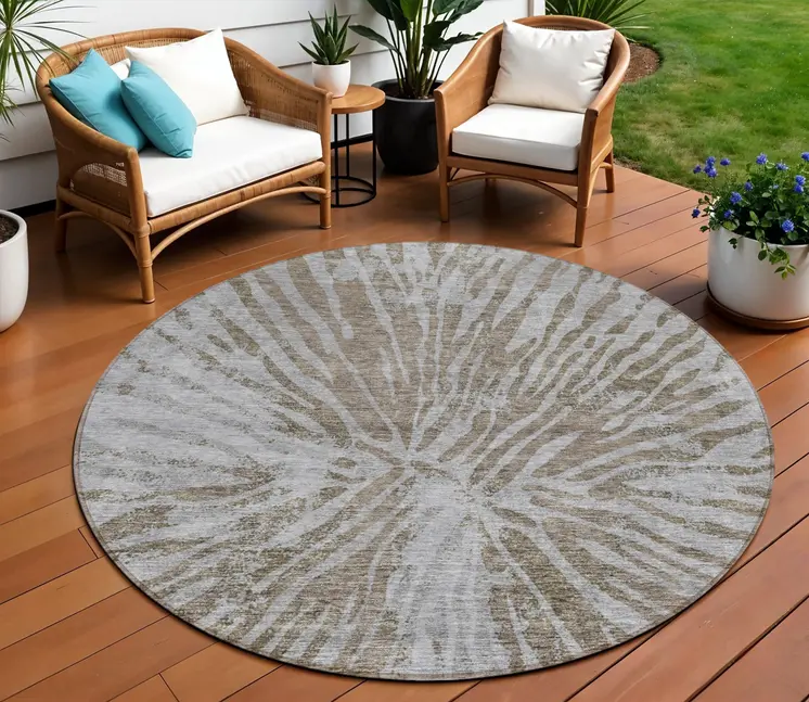 8' Brown And Gray Round Abstract Washable Indoor Outdoor Area Rug