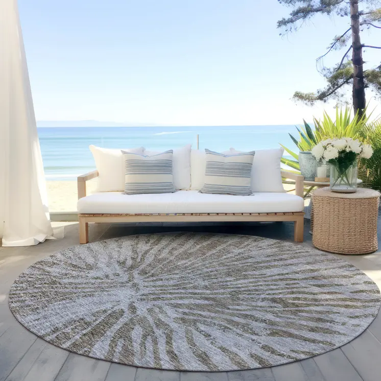 8' Brown And Gray Round Abstract Washable Indoor Outdoor Area Rug