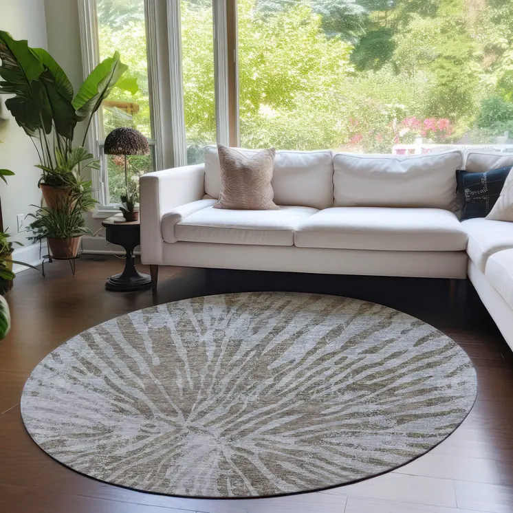 8' Brown And Gray Round Abstract Washable Indoor Outdoor Area Rug
