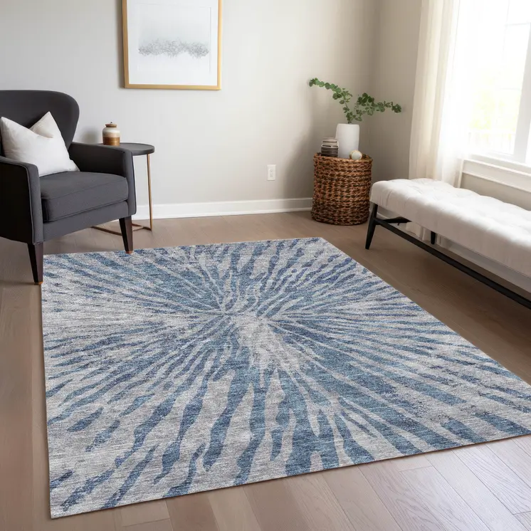 5' X 8' Blue Gray And Silver Abstract Washable Indoor Outdoor Area Rug