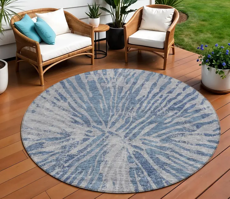 8' Blue Gray And Silver Round Abstract Washable Indoor Outdoor Area Rug