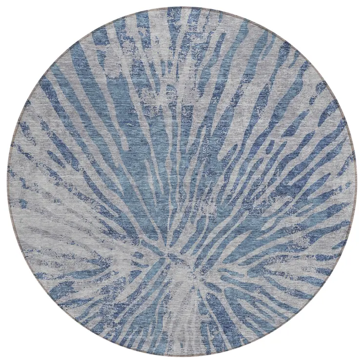 8' Blue Gray And Silver Round Abstract Washable Indoor Outdoor Area Rug