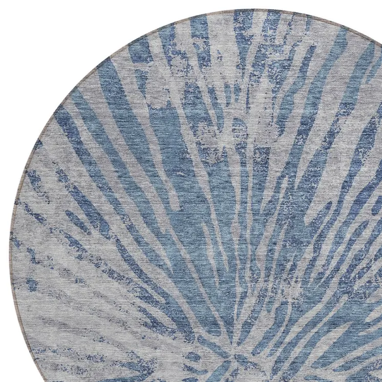 8' Blue Gray And Silver Round Abstract Washable Indoor Outdoor Area Rug