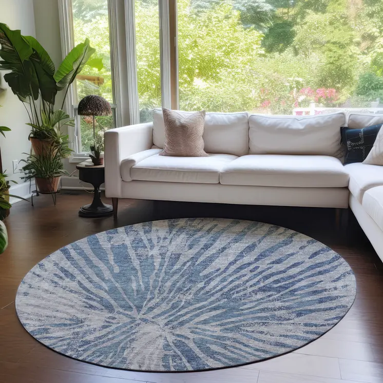 8' Blue Gray And Silver Round Abstract Washable Indoor Outdoor Area Rug