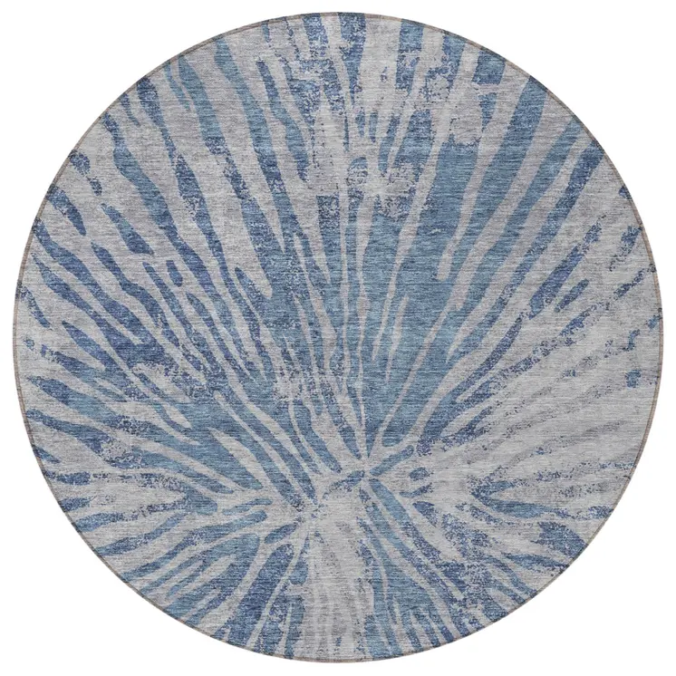 8' Blue Gray And Silver Round Abstract Washable Indoor Outdoor Area Rug