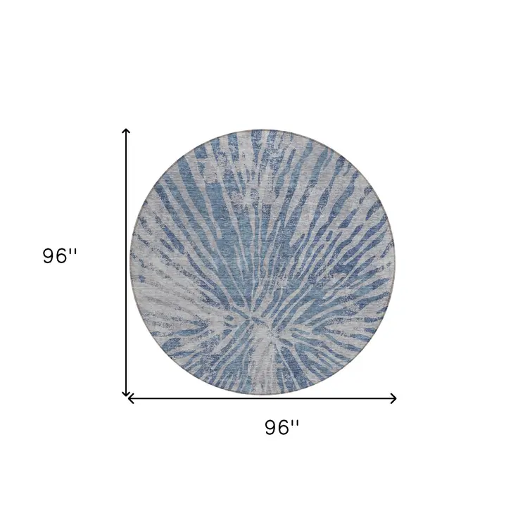 8' Blue Gray And Silver Round Abstract Washable Indoor Outdoor Area Rug
