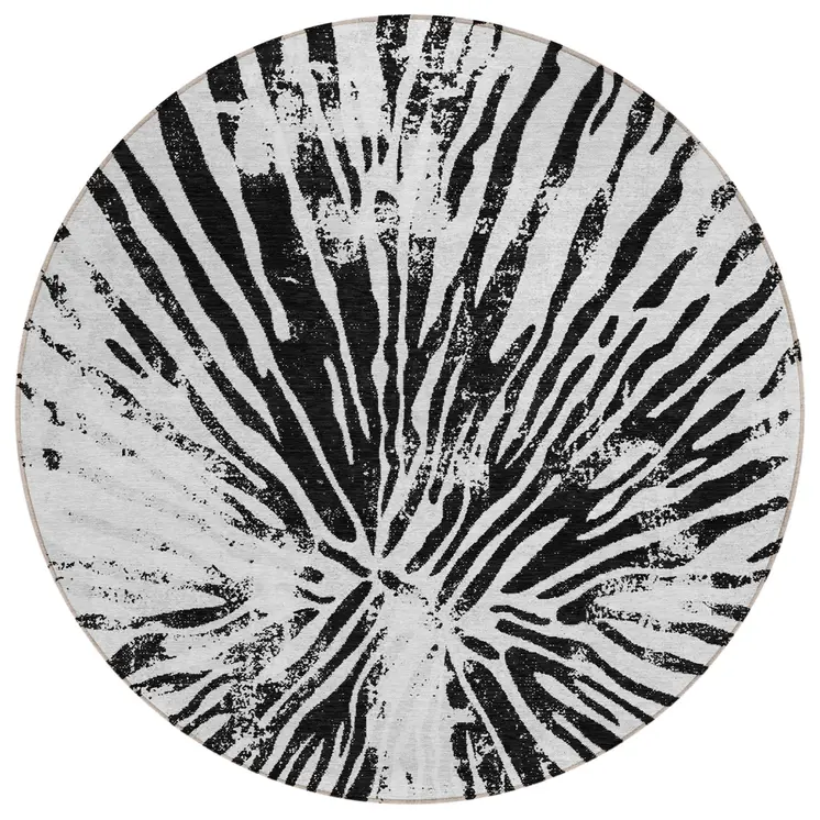 8' Ivory Black And Gray Round Abstract Washable Indoor Outdoor Area Rug