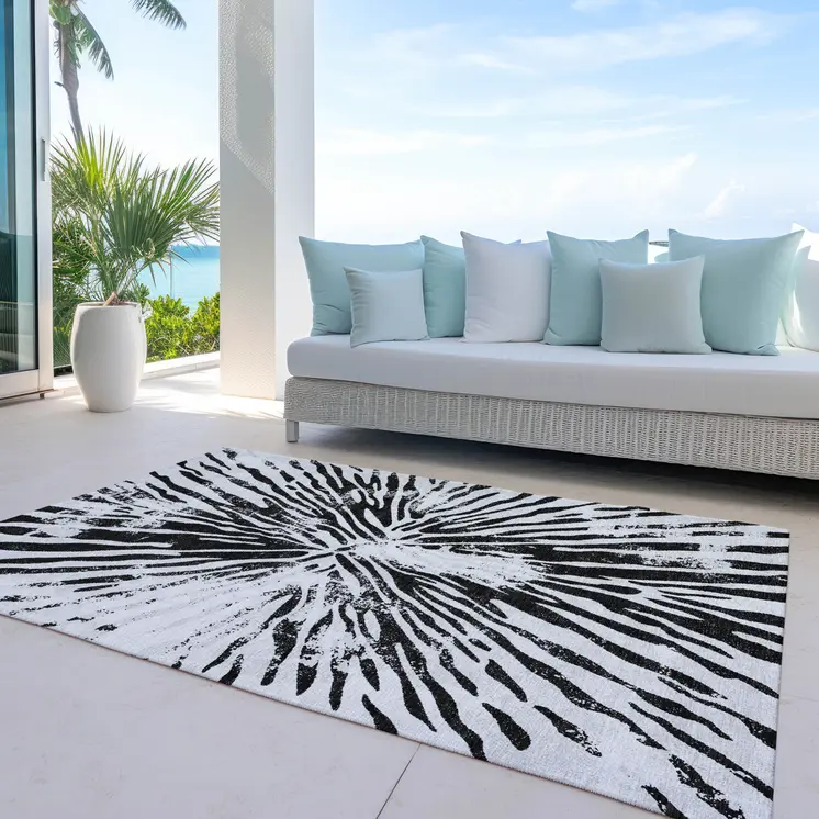 9' X 12' Ivory Black And Gray Abstract Washable Indoor Outdoor Area Rug