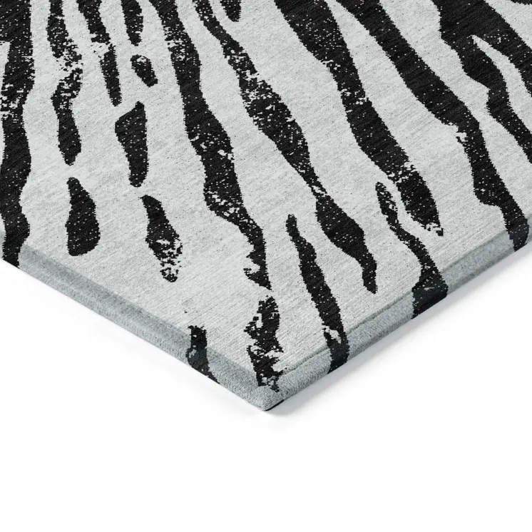 9' X 12' Ivory Black And Gray Abstract Washable Indoor Outdoor Area Rug