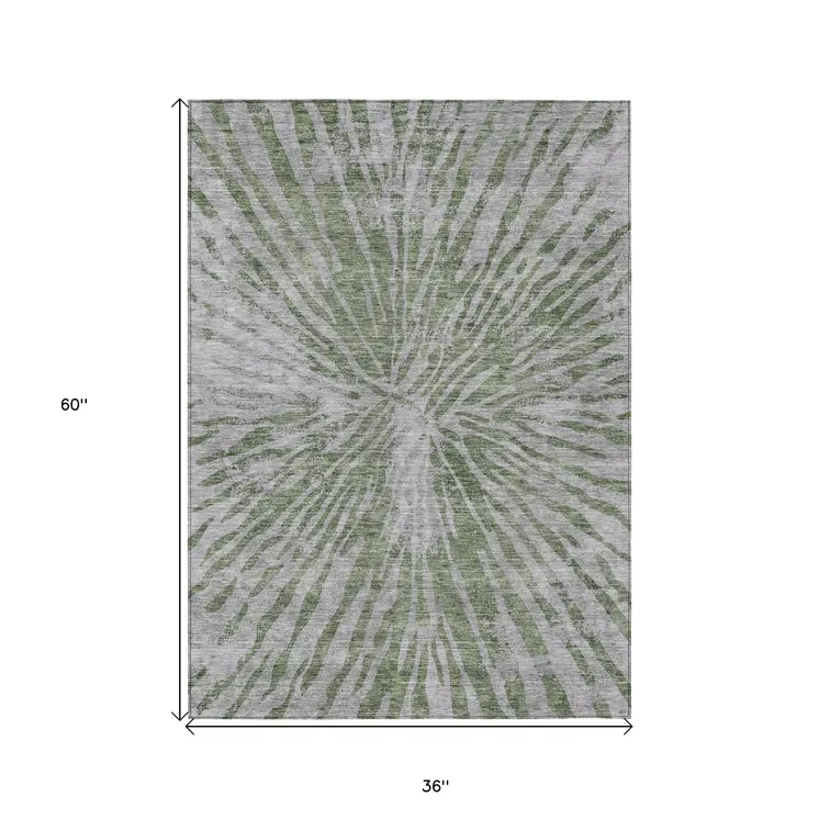 3' X 5' Olive Green Gray And Silver Abstract Washable Indoor Outdoor Area Rug