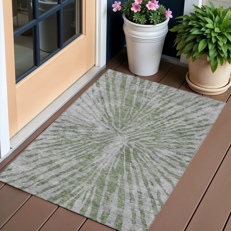 3' X 5' Olive Green Gray And Silver Abstract Washable Indoor Outdoor Area Rug