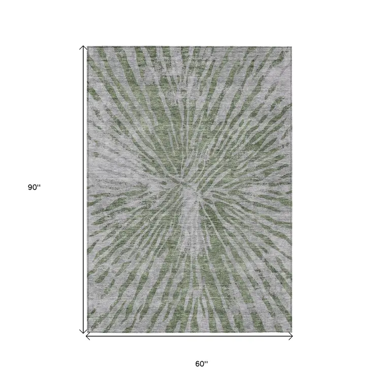 5' X 8' Olive Green Gray And Silver Abstract Washable Indoor Outdoor Area Rug