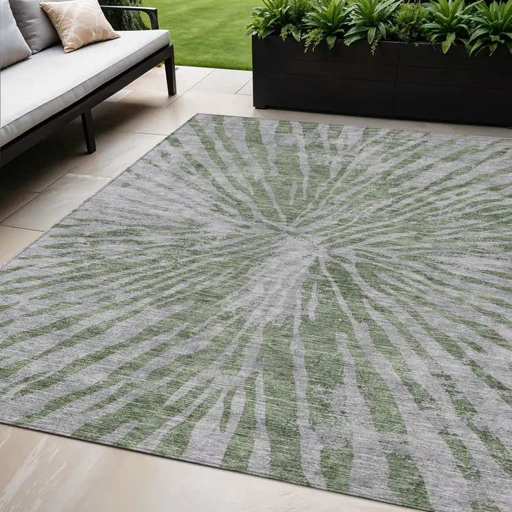5' X 8' Olive Green Gray And Silver Abstract Washable Indoor Outdoor Area Rug