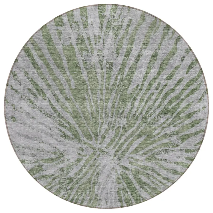8' Olive Green Gray And Silver Round Abstract Washable Indoor Outdoor Area Rug