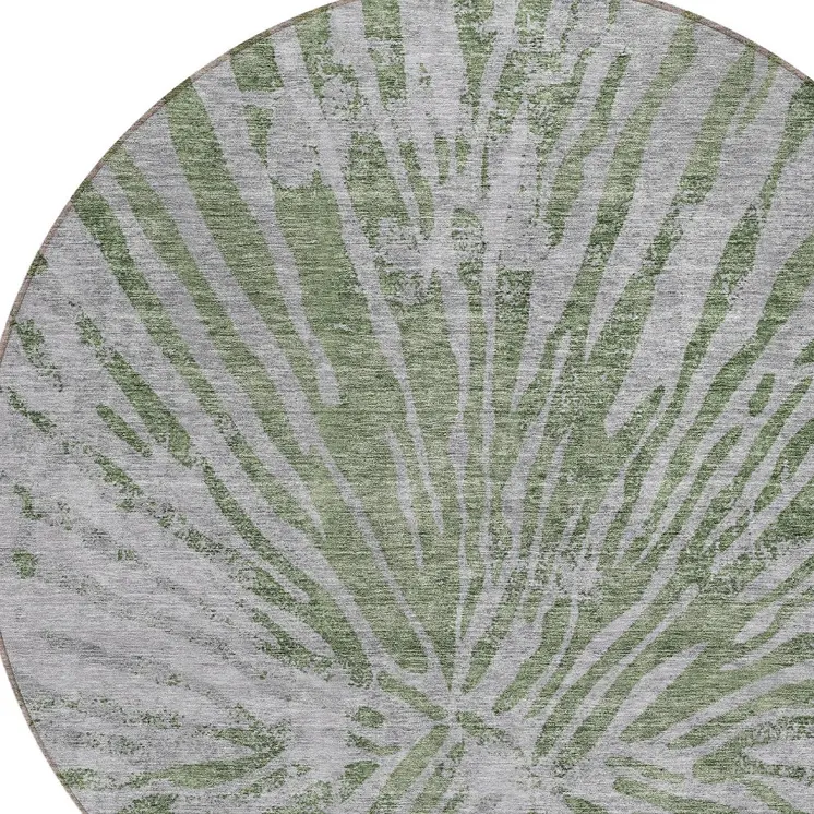 8' Olive Green Gray And Silver Round Abstract Washable Indoor Outdoor Area Rug