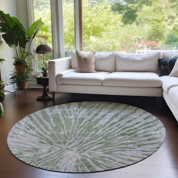 8' Olive Green Gray And Silver Round Abstract Washable Indoor Outdoor Area Rug