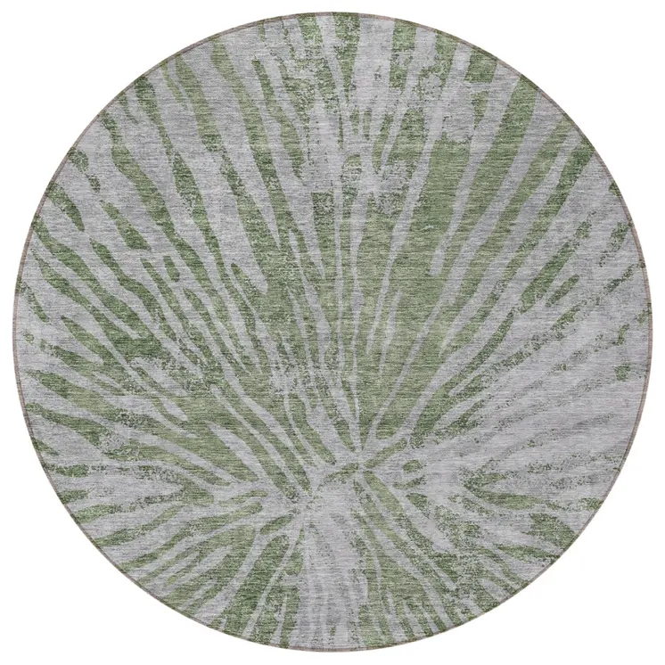 8' Olive Green Gray And Silver Round Abstract Washable Indoor Outdoor Area Rug