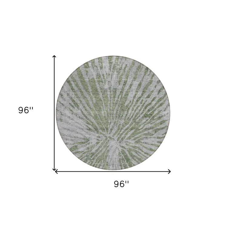 8' Olive Green Gray And Silver Round Abstract Washable Indoor Outdoor Area Rug