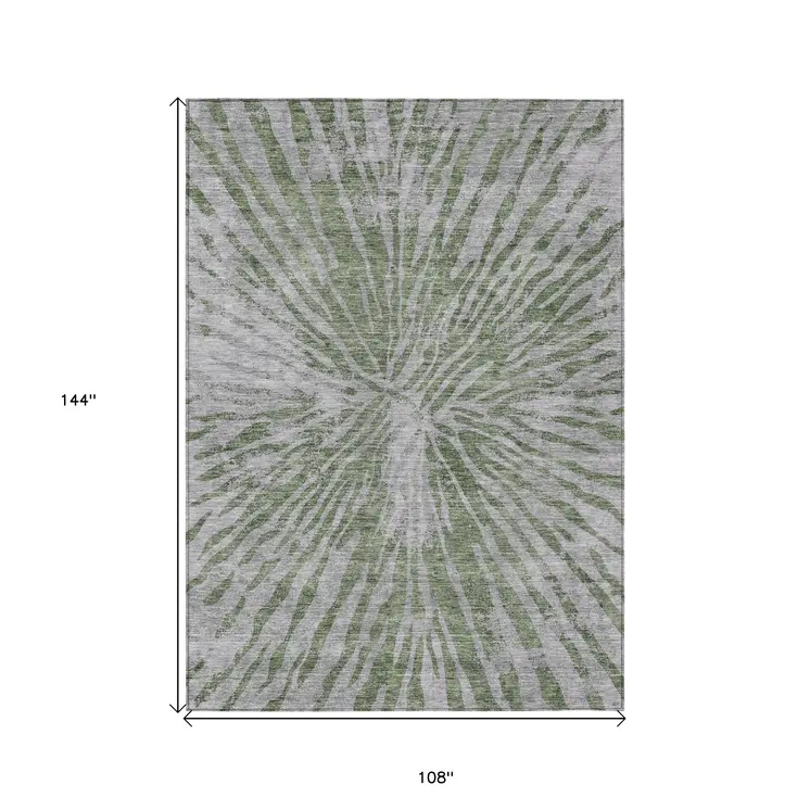 9' X 12' Olive Green Gray And Silver Abstract Washable Indoor Outdoor Area Rug