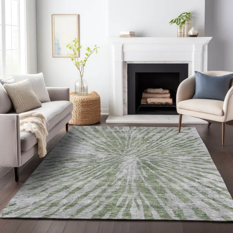 9' X 12' Olive Green Gray And Silver Abstract Washable Indoor Outdoor Area Rug