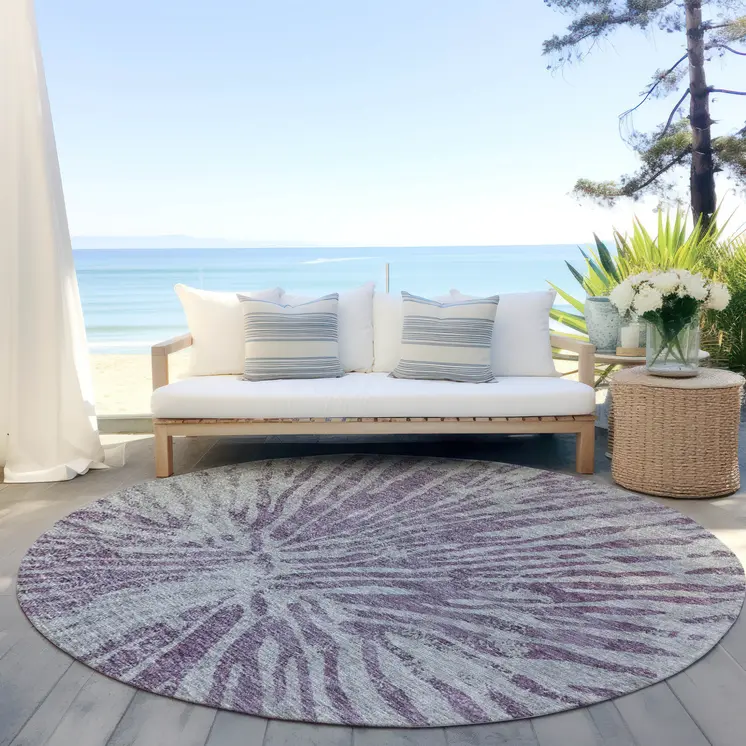 8' Purple And Gray Round Abstract Washable Indoor Outdoor Area Rug