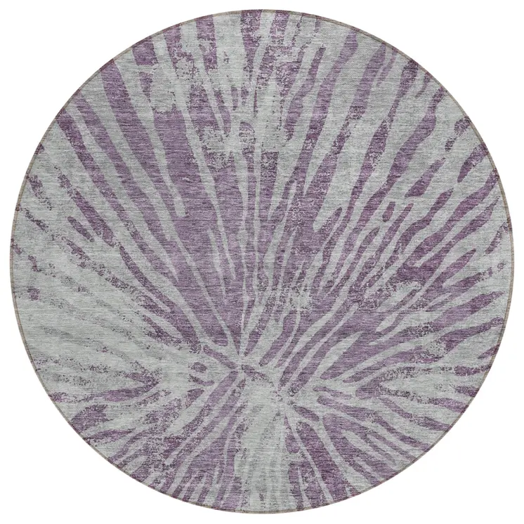 8' Purple And Gray Round Abstract Washable Indoor Outdoor Area Rug