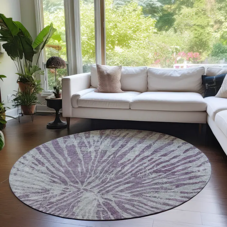 8' Purple And Gray Round Abstract Washable Indoor Outdoor Area Rug