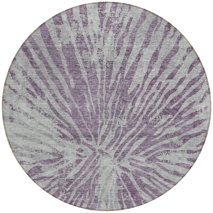 8' Purple And Gray Round Abstract Washable Indoor Outdoor Area Rug