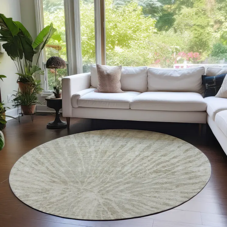 8' Taupe And Beige Round Abstract Washable Indoor Outdoor Area Rug