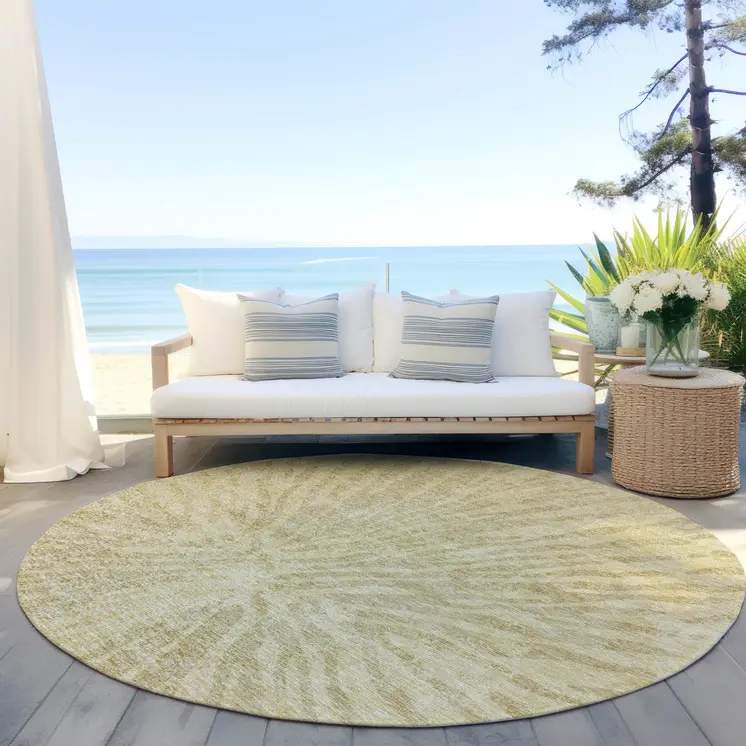 8' Wheat Beige And Tan Round Abstract Washable Indoor Outdoor Area Rug
