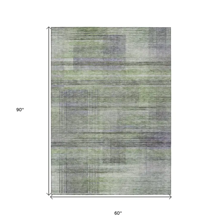 5' X 8' Artichoke Green Purple And Fern Green Striped Washable Indoor Outdoor Area Rug