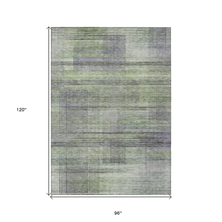 8' X 10' Artichoke Green Purple And Fern Green Striped Washable Indoor Outdoor Area Rug