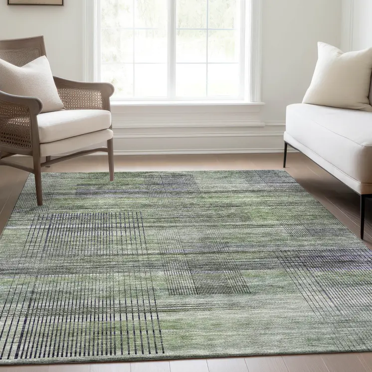 8' X 10' Artichoke Green Purple And Fern Green Striped Washable Indoor Outdoor Area Rug