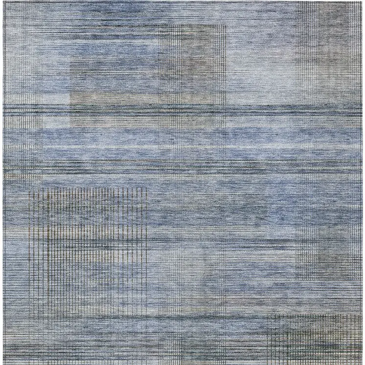 9' X 12' Denim Blue And Sky Blue Striped Washable Indoor Outdoor Area Rug