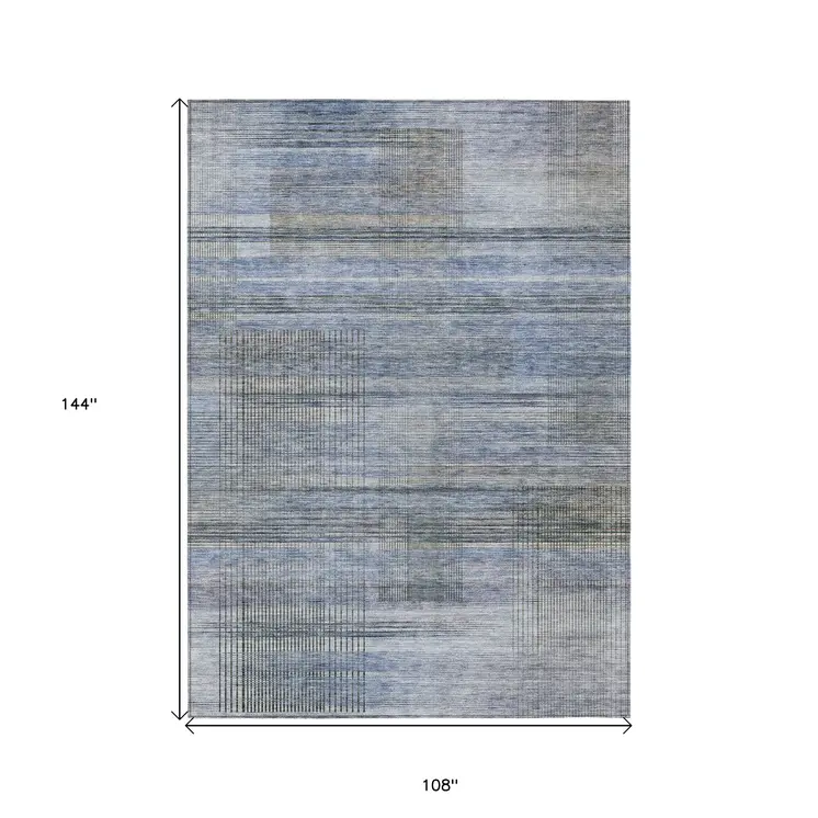 9' X 12' Denim Blue And Sky Blue Striped Washable Indoor Outdoor Area Rug