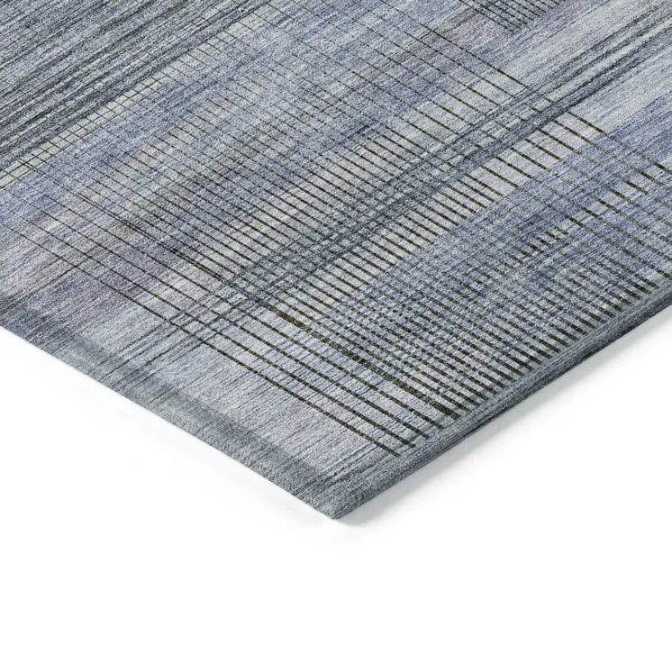 9' X 12' Denim Blue And Sky Blue Striped Washable Indoor Outdoor Area Rug