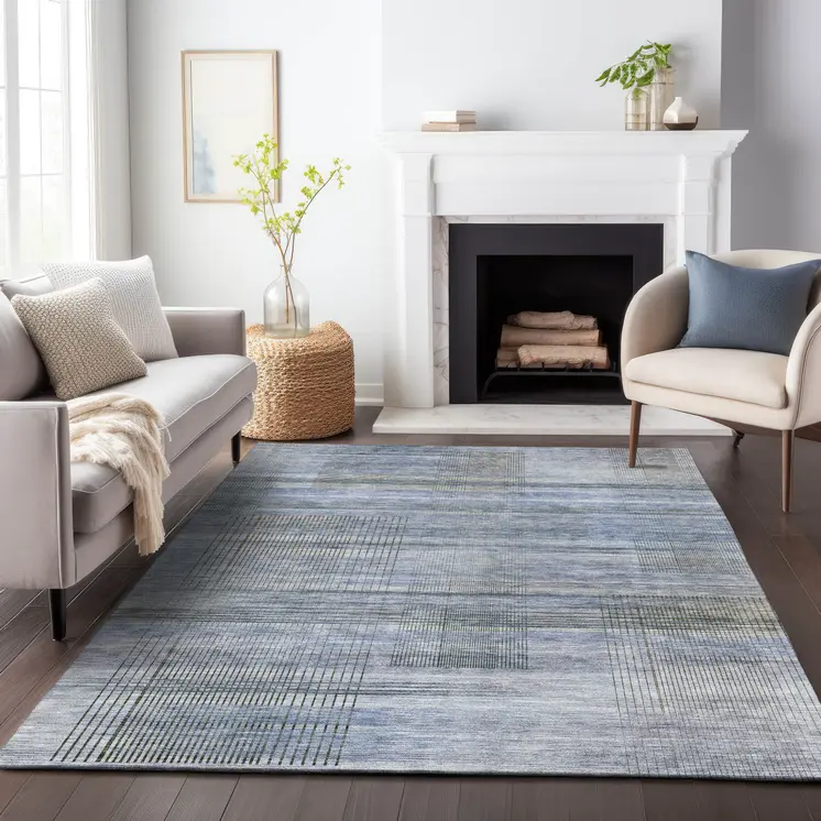 9' X 12' Denim Blue And Sky Blue Striped Washable Indoor Outdoor Area Rug