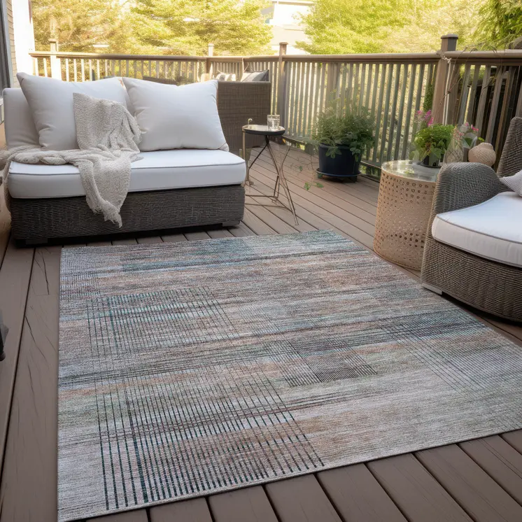 3' X 5' Copper Gray And Blue Striped Washable Indoor Outdoor Area Rug