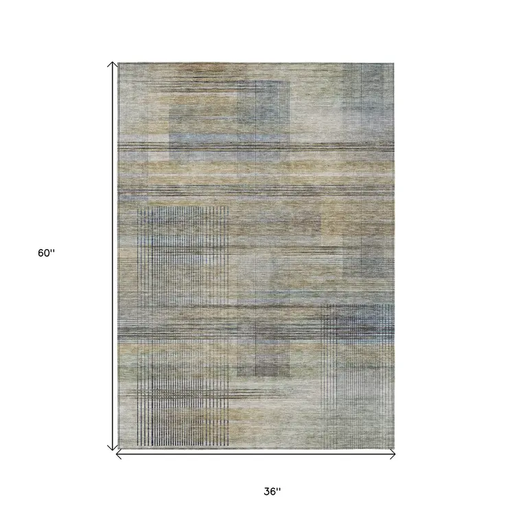 3' X 5' Khaki Tan And Beige Striped Washable Indoor Outdoor Area Rug