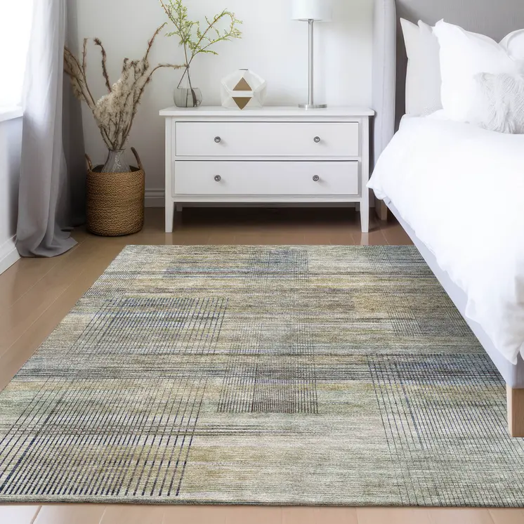 3' X 5' Khaki Tan And Beige Striped Washable Indoor Outdoor Area Rug