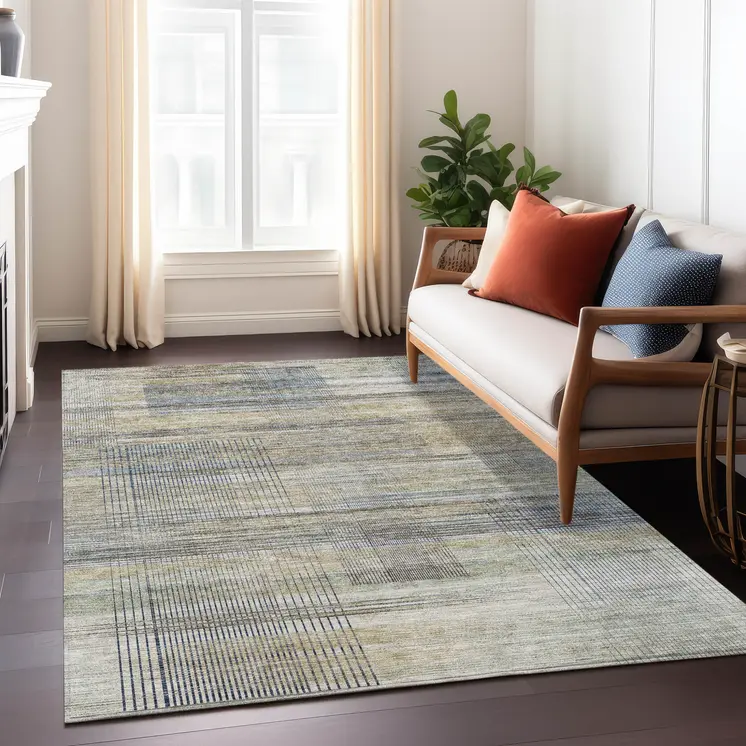 5' X 8' Khaki Tan And Beige Striped Washable Indoor Outdoor Area Rug