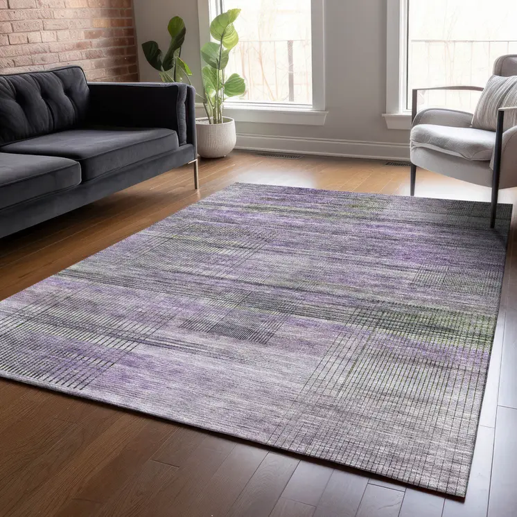 3' X 5' Purple Lavender And Gray Striped Washable Indoor Outdoor Area Rug
