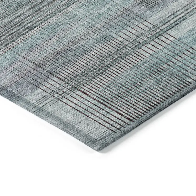 3' X 5' Teal Blue Gray And Charcoal Striped Washable Indoor Outdoor Area Rug