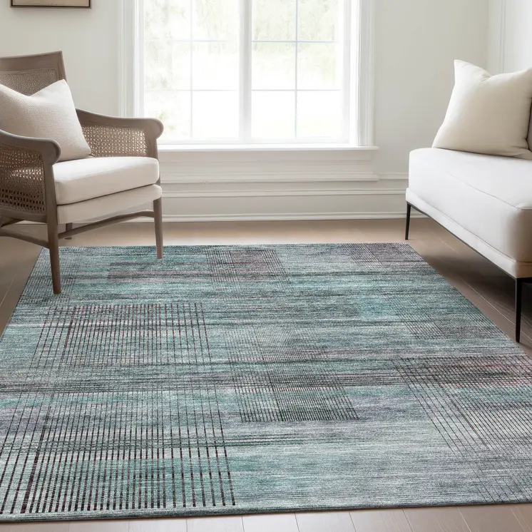 5' X 8' Teal Blue Gray And Charcoal Striped Washable Indoor Outdoor Area Rug
