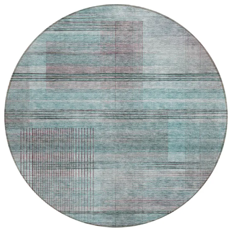 8' Teal Blue Gray And Charcoal Round Striped Washable Indoor Outdoor Area Rug